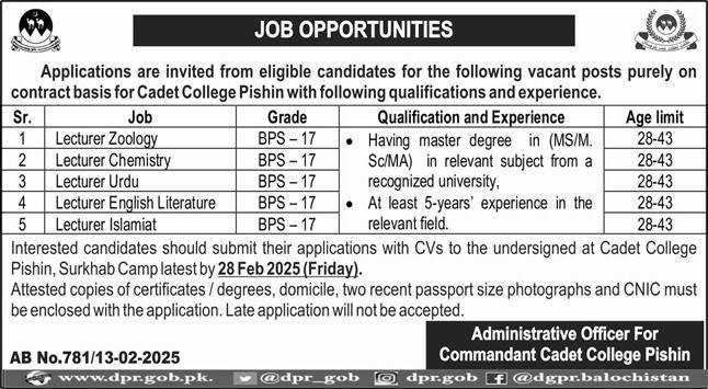 Cadet College Pishin Jobs 2025