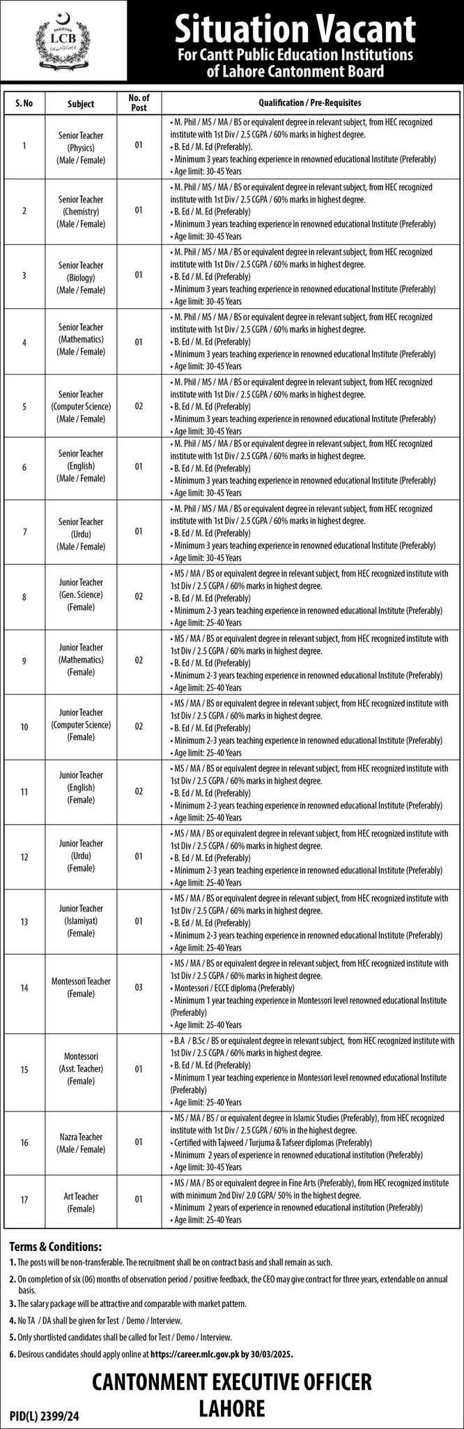 Cantt Public Education Institutions of Lahore Cantonment Board Teaching Jobs 2025