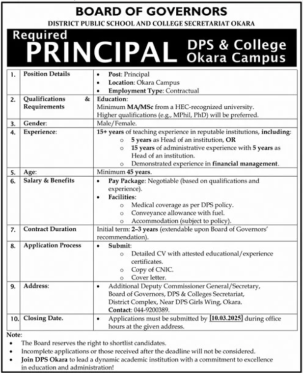 District Public School & College DPS Okara Principal Jobs 2025