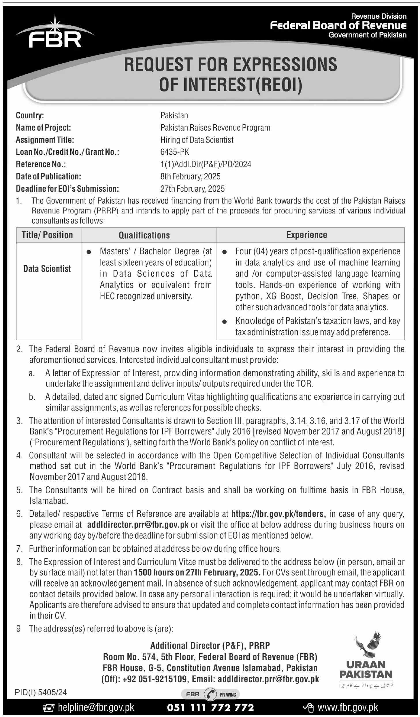 Federal Board of Revenue FBR Jobs 2025