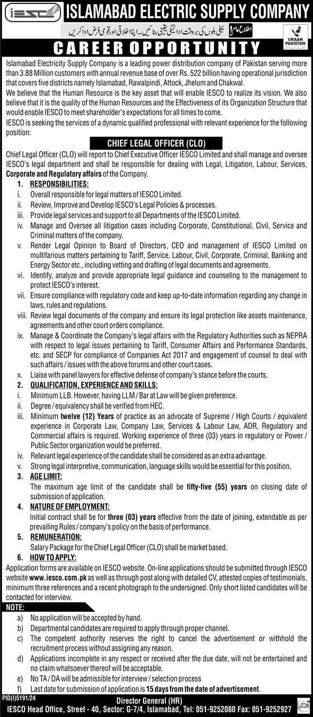 Islamabad Electric Supply Company IESCO Chief Legal Officer Jobs 2025