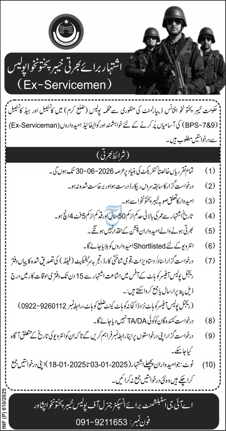  Khyber Pakhtunkhwa Police Jobs for Ex-Servicemen 2025 