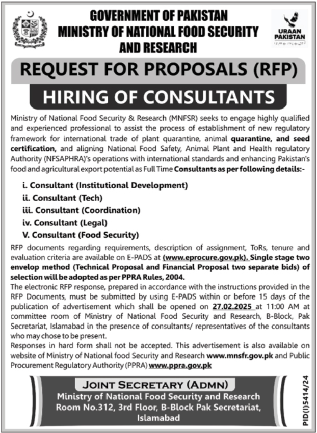 Ministry of National Food Security and Research MNFSR Consultants Jobs 2025