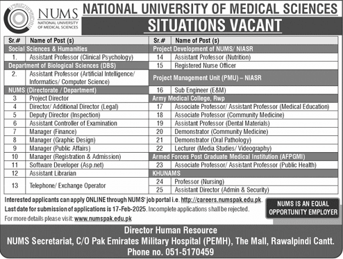 National University of Medical Sciences NUMS Jobs 2025