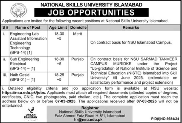 National Skills University NSU Islamabad Jobs 2025