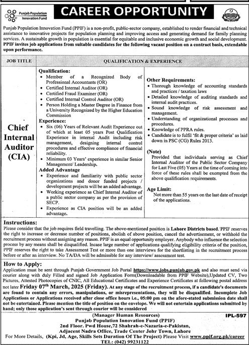 Punjab Population Innovation Fund PPIF Jobs 2025