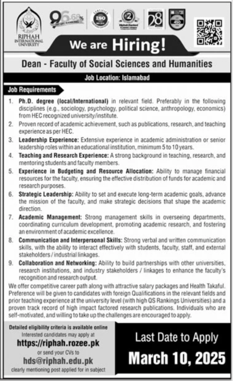 Riphah International University Jobs 2025