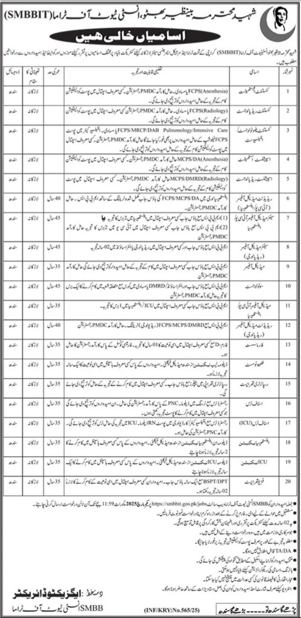 Shaheed Mohtarma Benazir Bhutto Institute of Trauma SMBBIT Jobs 2025