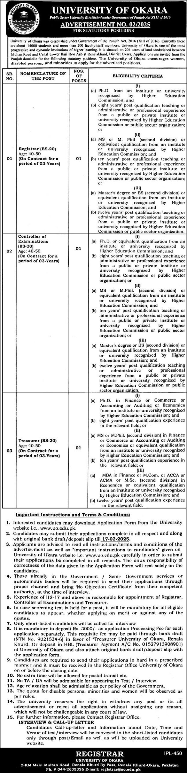 University of Okara  jobs Advertisement No. 02/2025