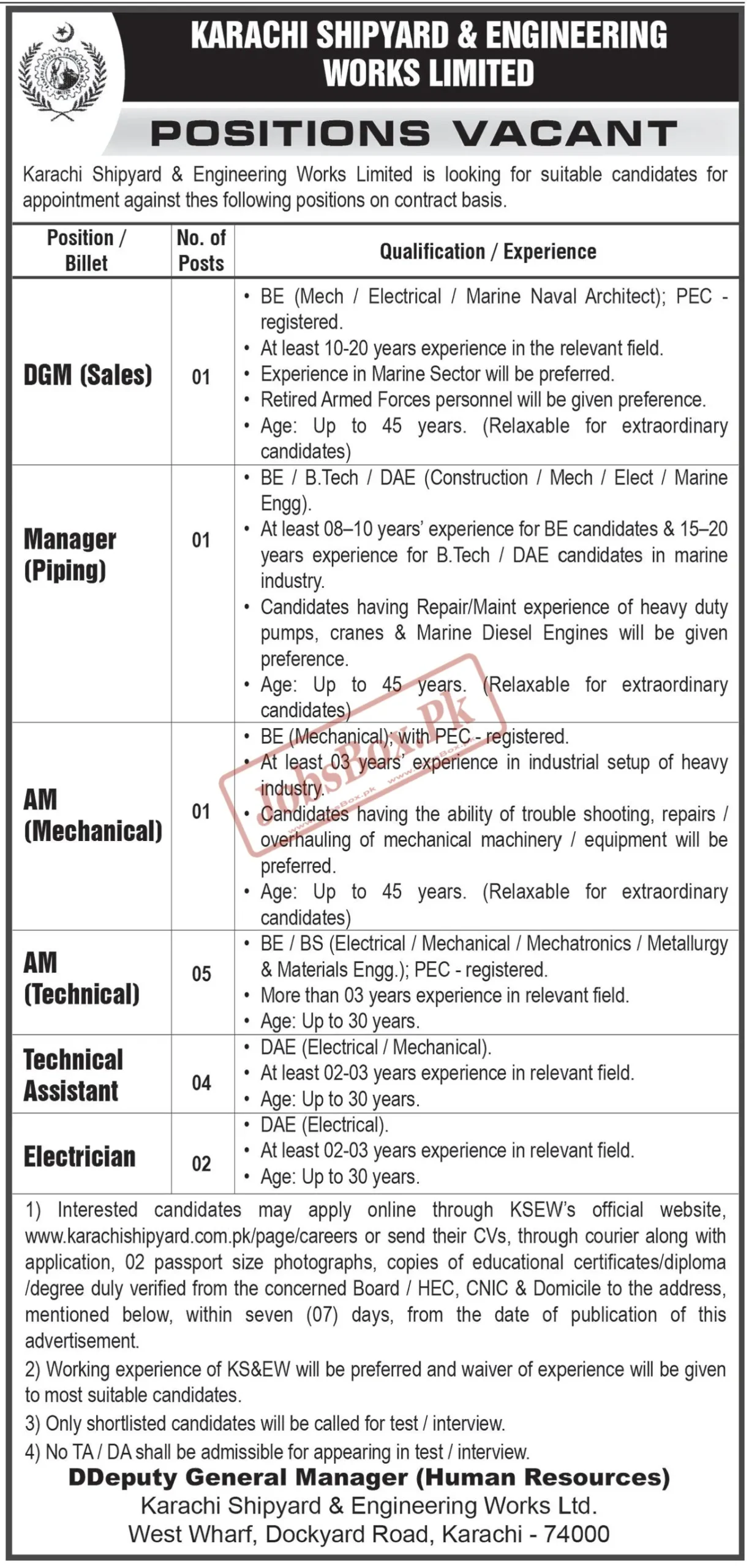 Karachi Shipyard & Engineering Works Limited Jobs 2025 