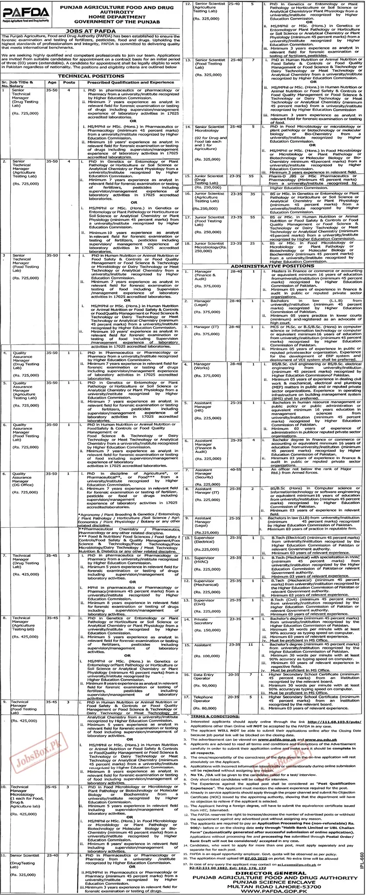 Punjab Agriculture Food and Drug Authority PAFDA Jobs 2025