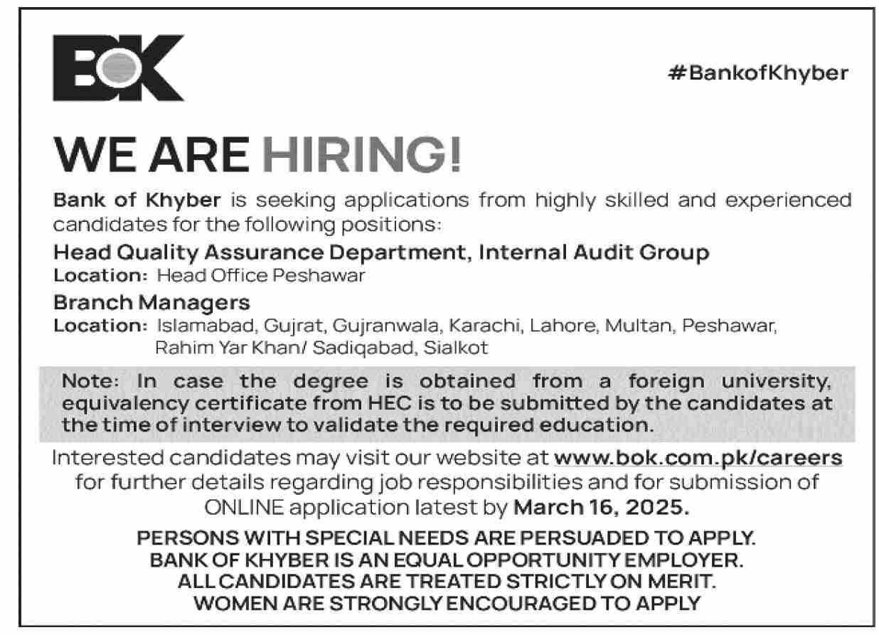 Bank of Khyber BOK Jobs 2025 