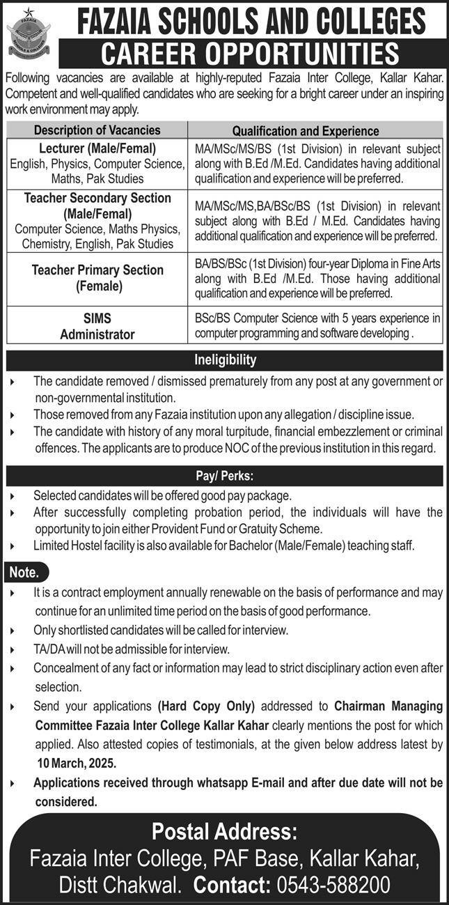 Fazaia Inter College Kallar Kahar Jobs 2025