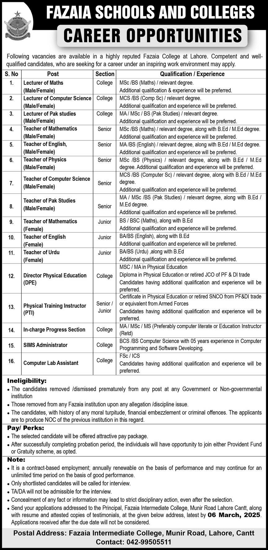 Fazaia Schools and Colleges Lahore Jobs 2025