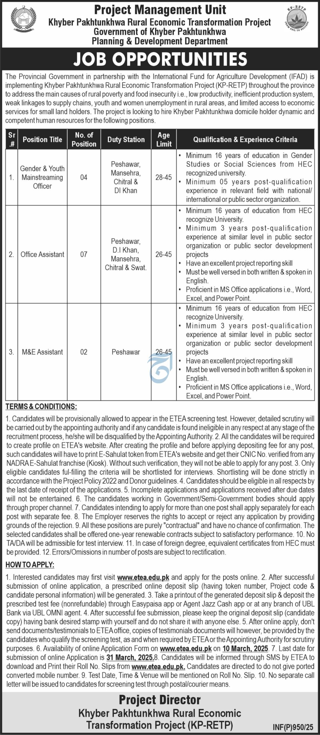 Khyber Pakhtunkhwa Rural Economic Transformation Project (KP-RETP) Jobs 2025