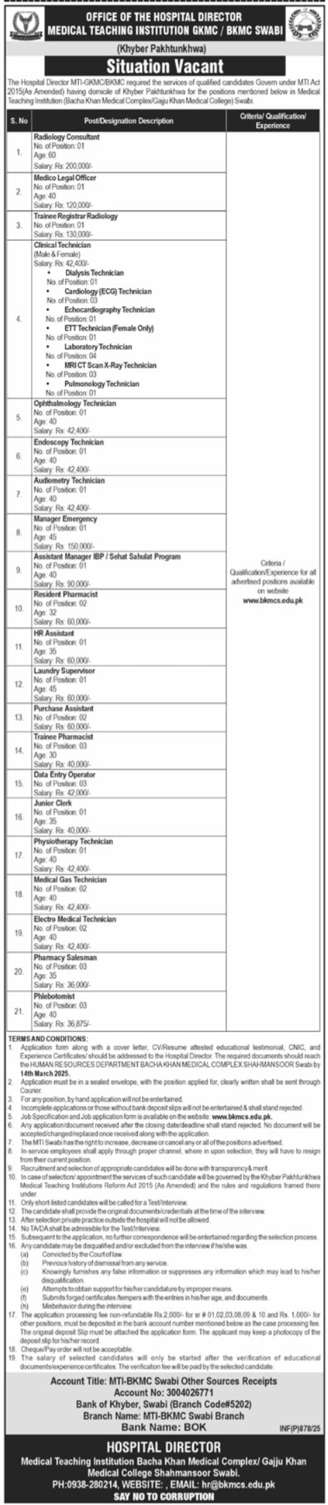 Medical Teaching Institution GKMC/BKMC Swabi Jobs 2025