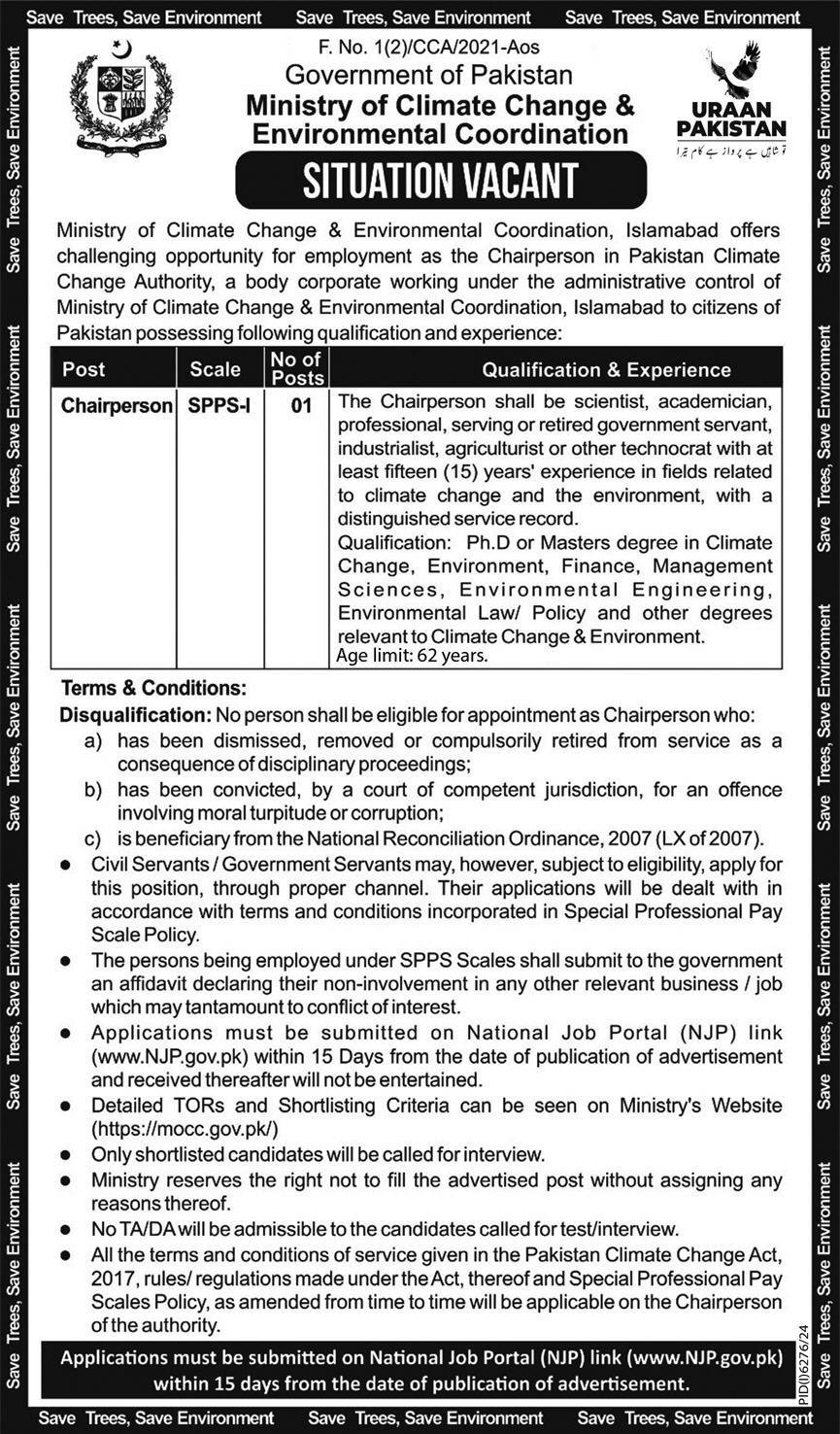 Ministry of Climate Change & Environmental Coordination Chairperson Jobs 2025