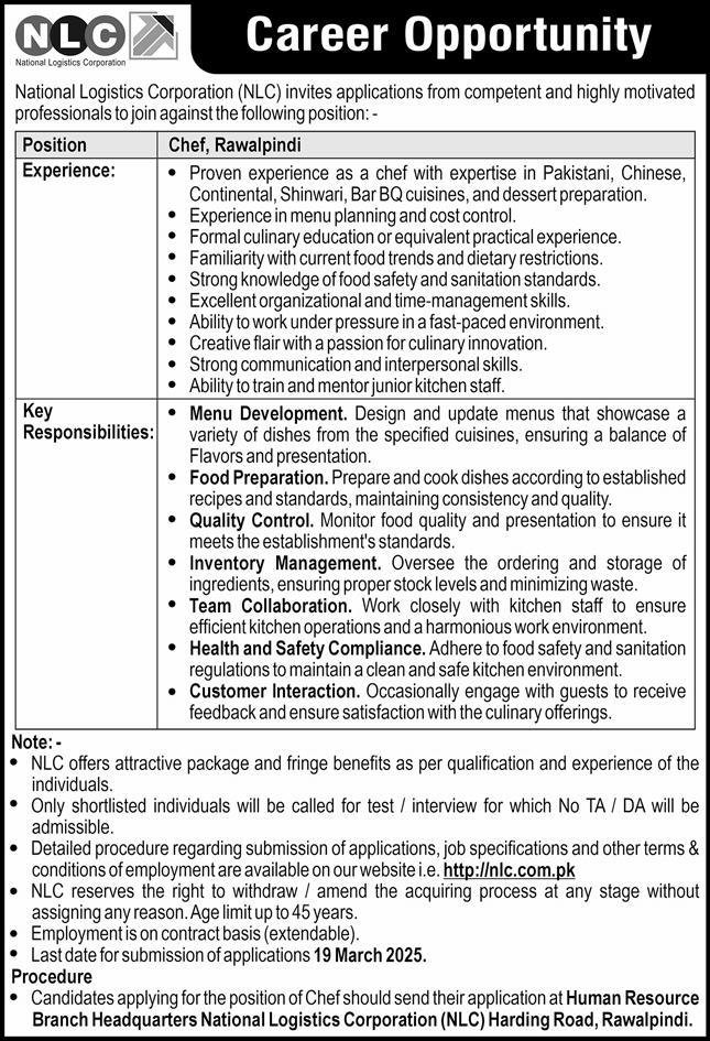 National Logistics Corporation NLC Chef Jobs 2025