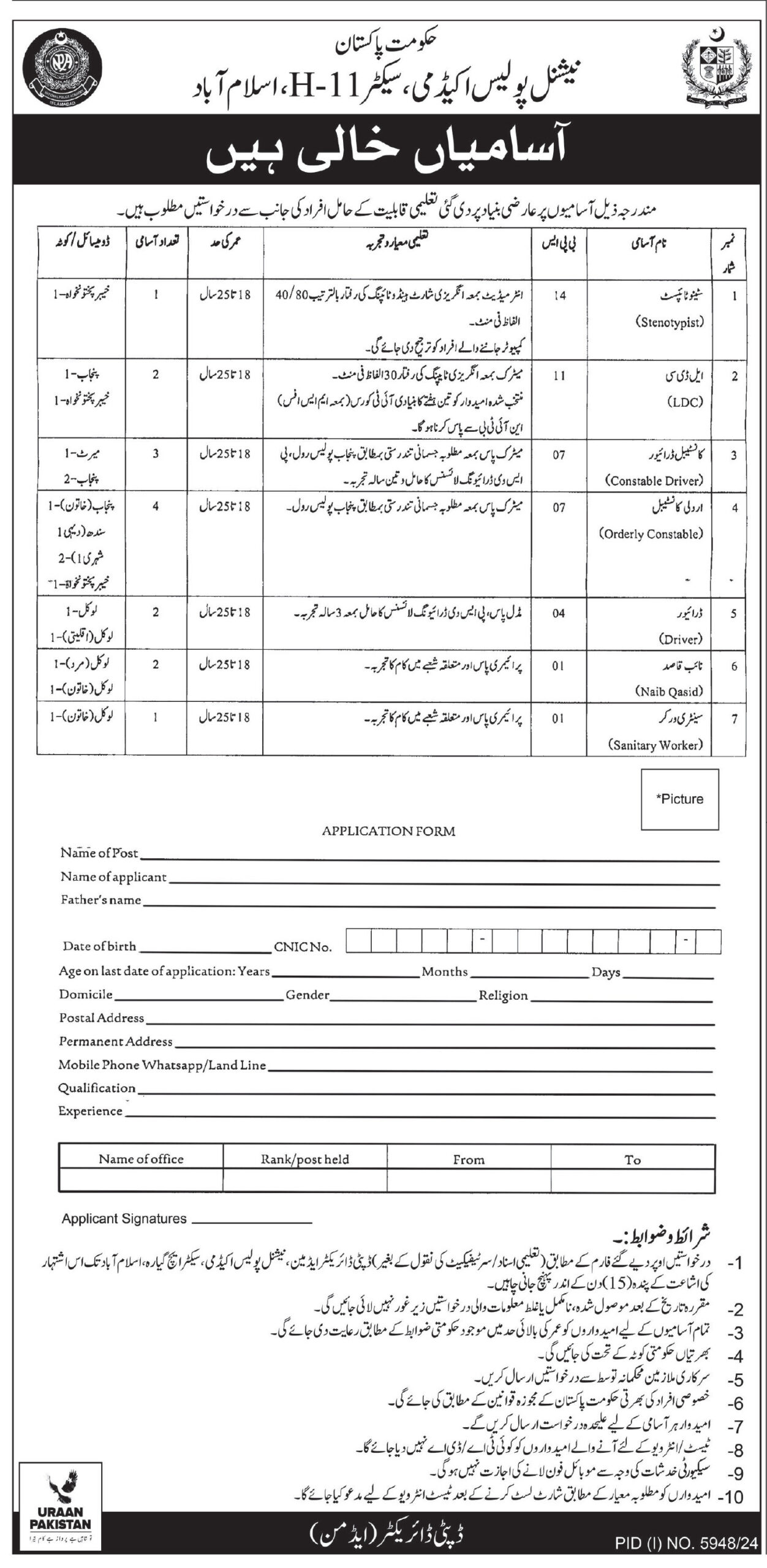 National Police Academy Islamabad Jobs 2025