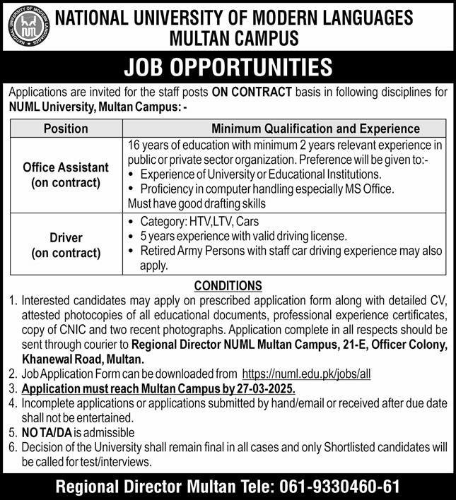 National University of Modern Languages NUML Multan Campus Jobs 2025