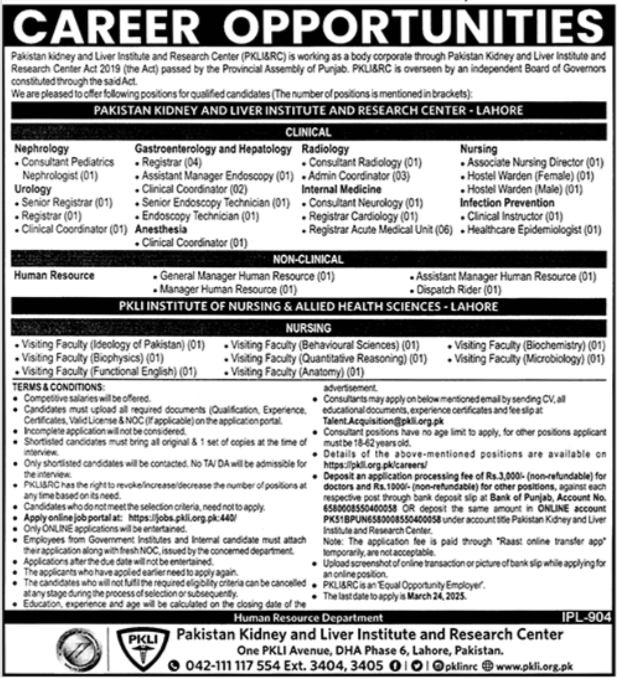 Pakistan Kidney and Liver Institute and Research Center (PKLI&RC) Jobs 2025