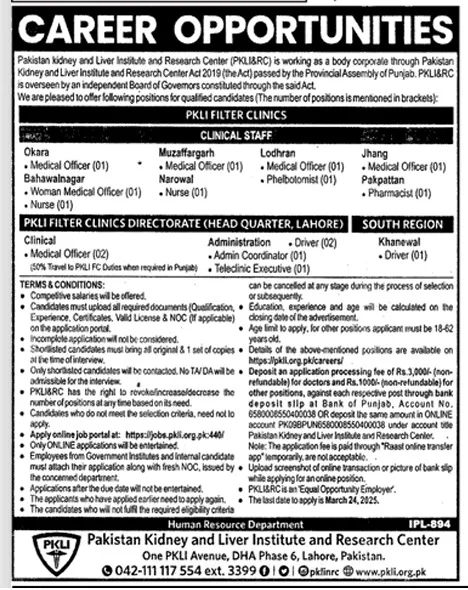 Pakistan Kidney and Liver Institute and Research Center (PKLI&RC) Jobs 2025