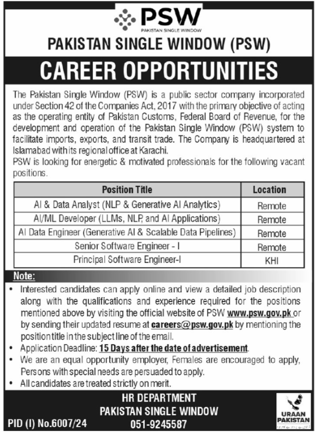 Pakistan Single Window PSW Jobs 2025