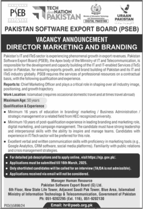 Pakistan Software Export Board PSEB for Director of Marketing and Branding Jobs 2025