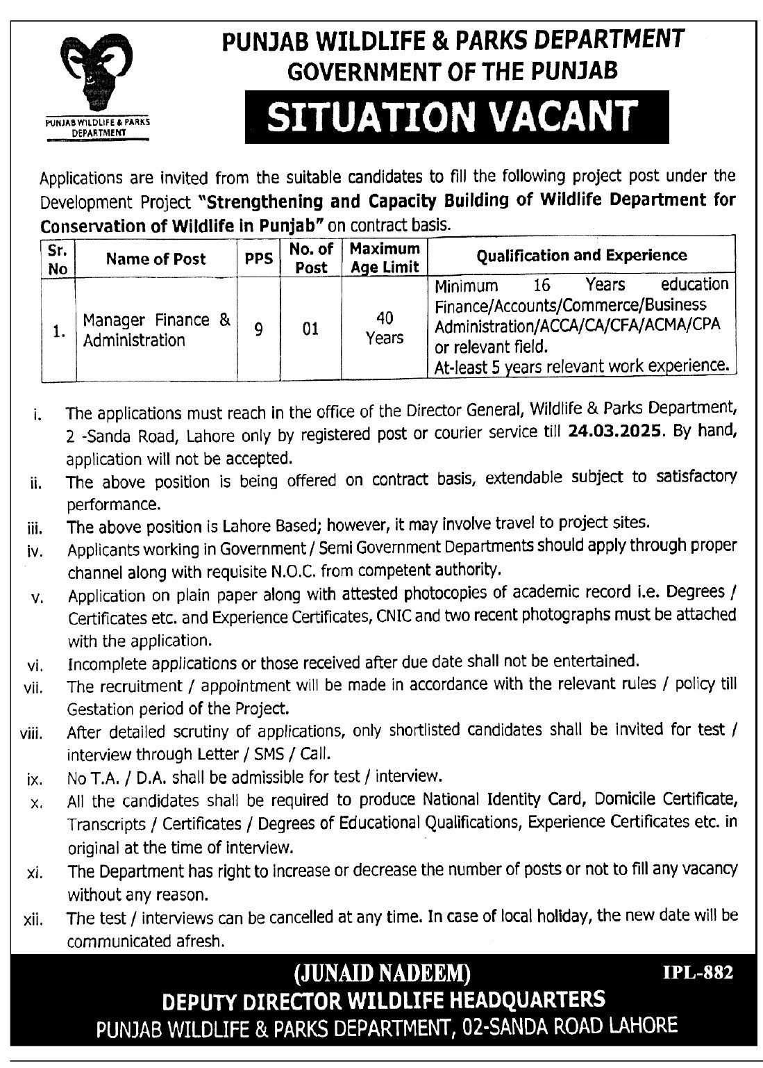 Punjab Wildlife & Parks Department Manager Finance & Administration Jobs 2025 