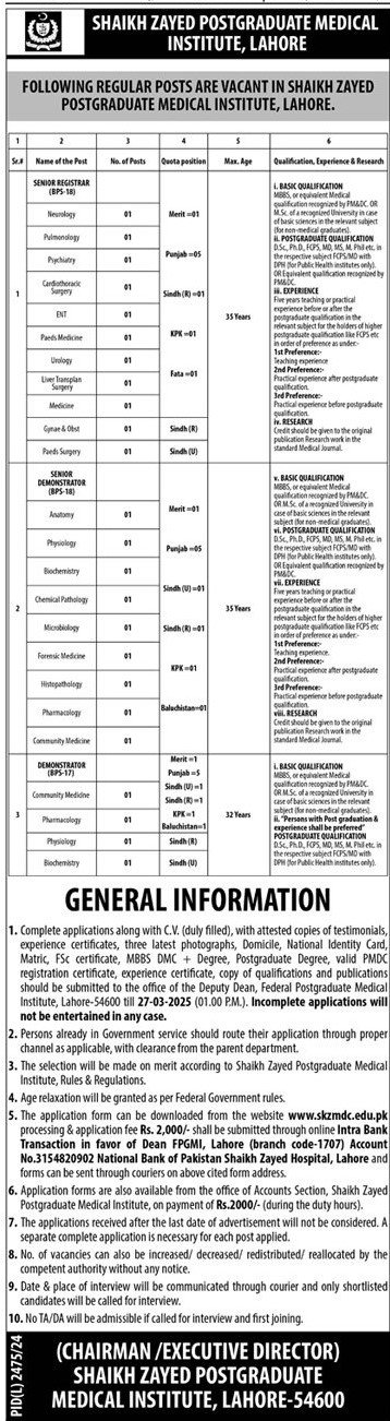 Shaikh Zayed Postgraduate Medical Institute Jobs 2025 