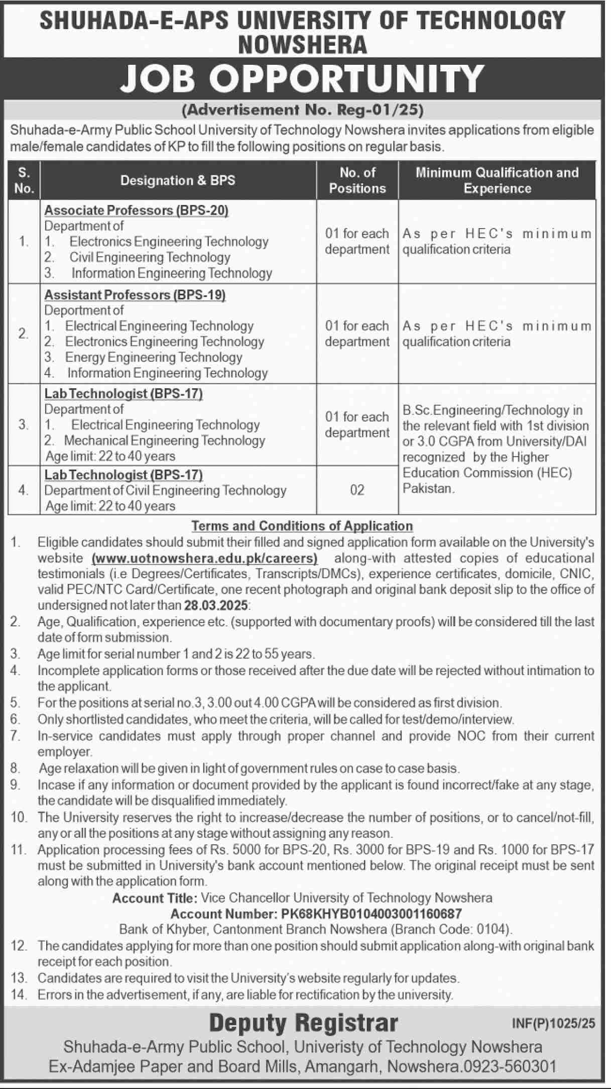 Shuhada-E-APS University of Technology Nowshera Jobs 2025