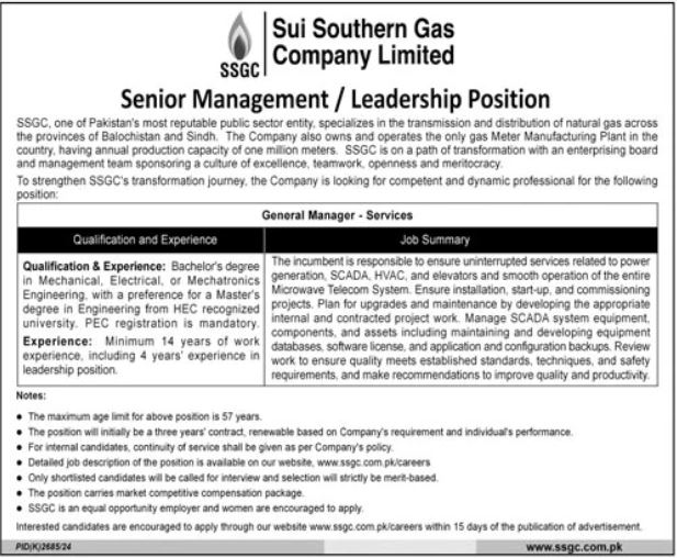 Sui Southern Gas Company Limited SSGC Senior Management Jobs 2025 