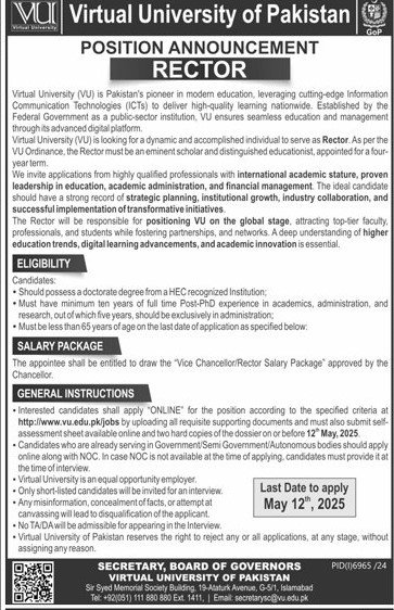Virtual University of Pakistan VU Rector Jobs 2025