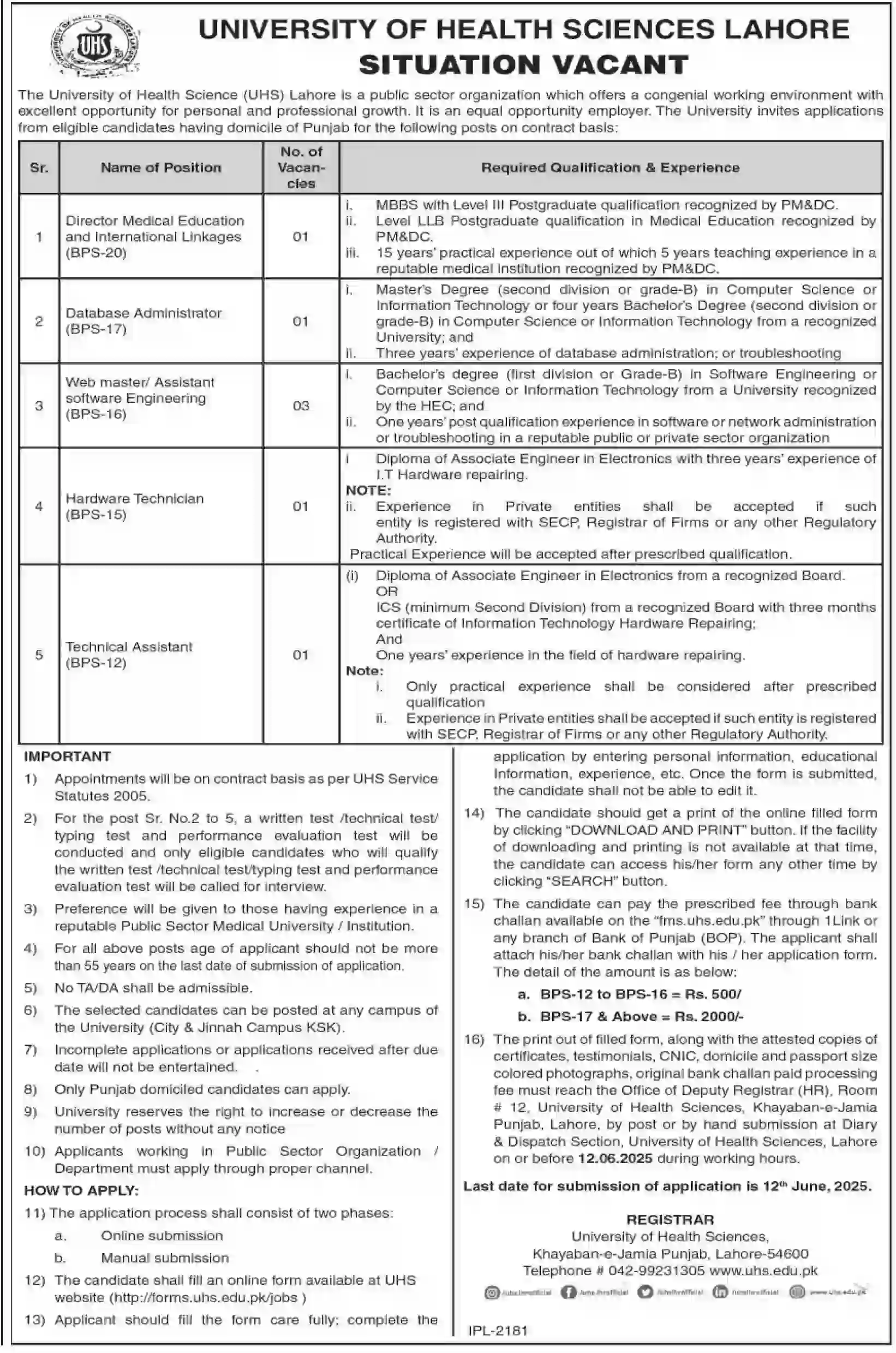 University Of Health Sciences UHS Jobs 2025 
