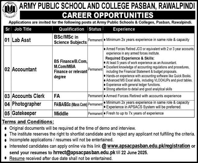 Army Public School and College Pasban Rawalpindi Jobs 2025 
