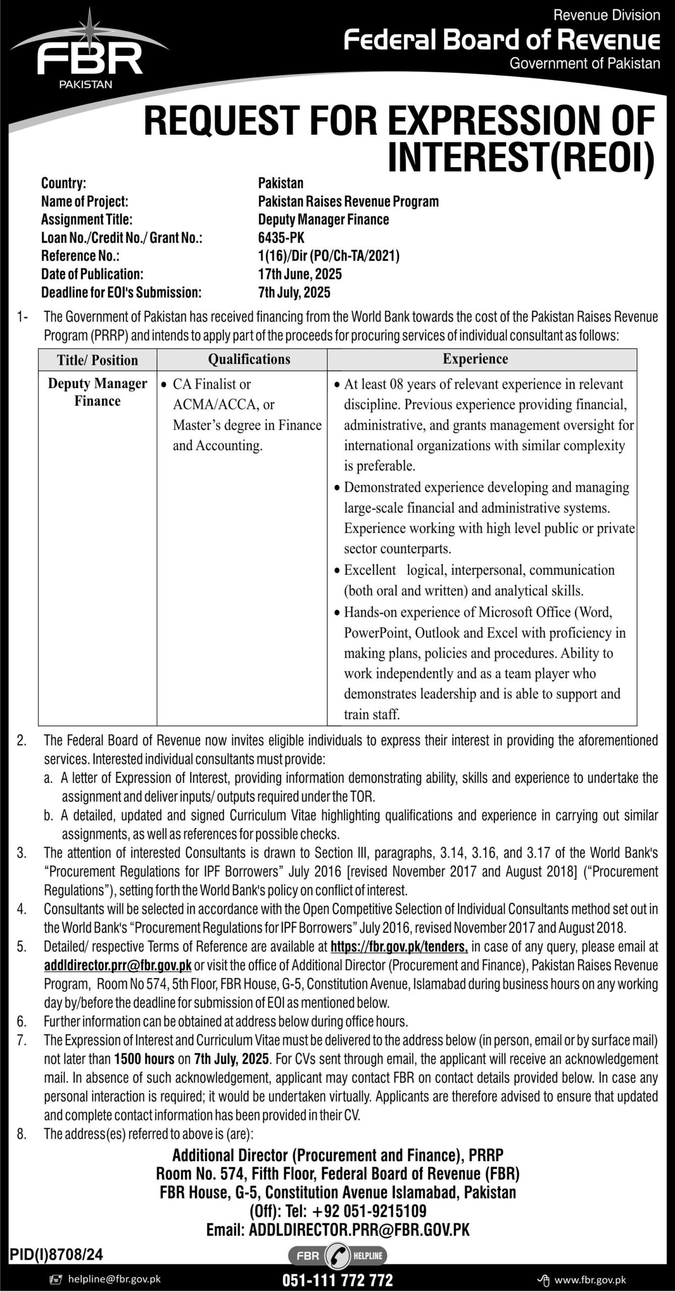 FBR Jobs 2025