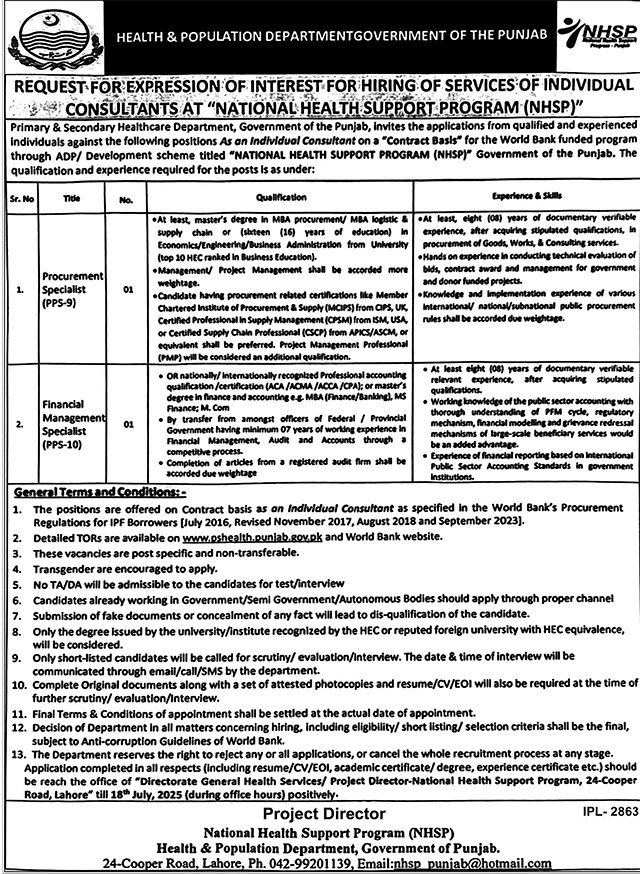 Health & Population Department Punjab Jobs 2025