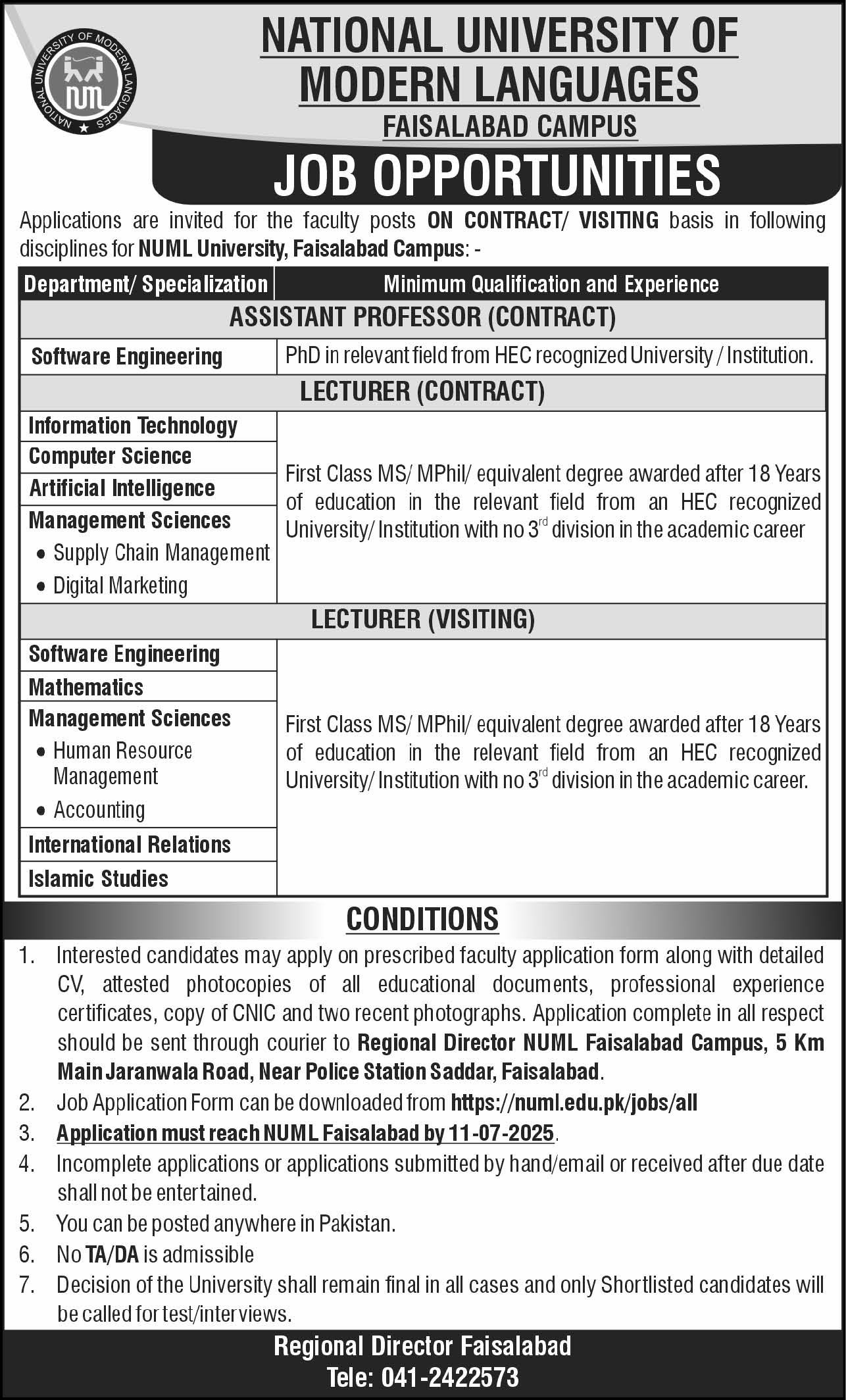 NUML Faisalabad Campus Jobs 2025