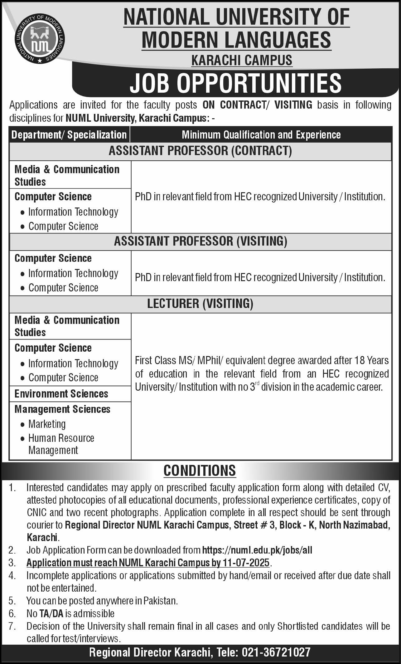 NUML Karachi Campus Jobs 2025