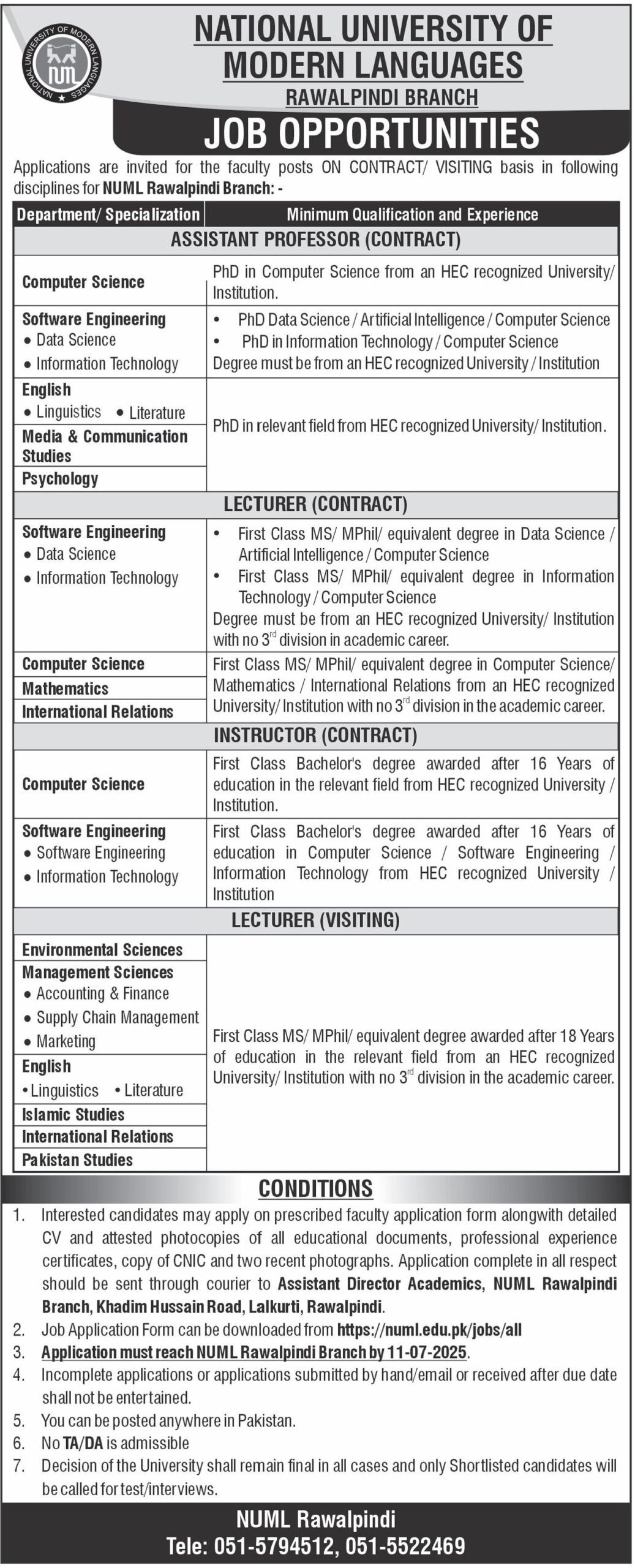 NUML Rawalpindi Jobs 2025