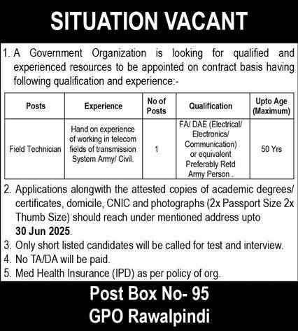 PO Box No 95 GPO Rawalpindi Jobs 2025