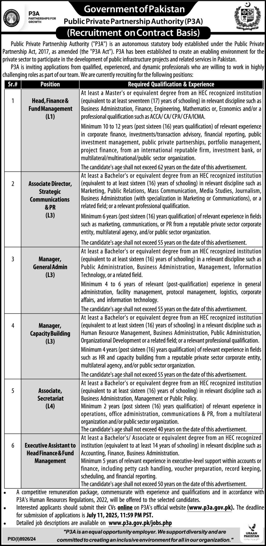Public Private Partnership Authority P3A Jobs 2025