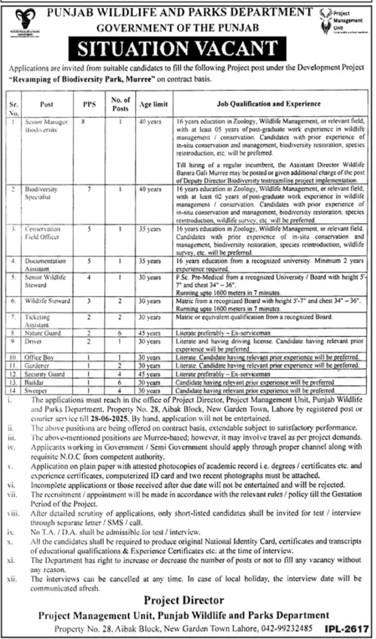 Punjab Wildlife and Parks Department Jobs 2025