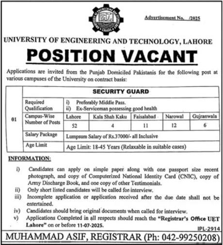 UET Lahore Jobs 2025