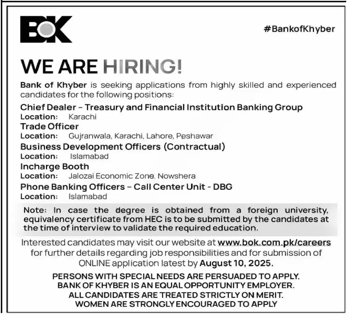 Bank of Khyber BOK Jobs 2025