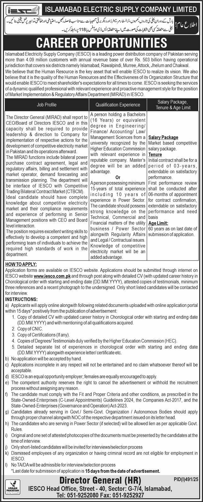 Islamabad Electric Supply Company IESCO Jobs 2025