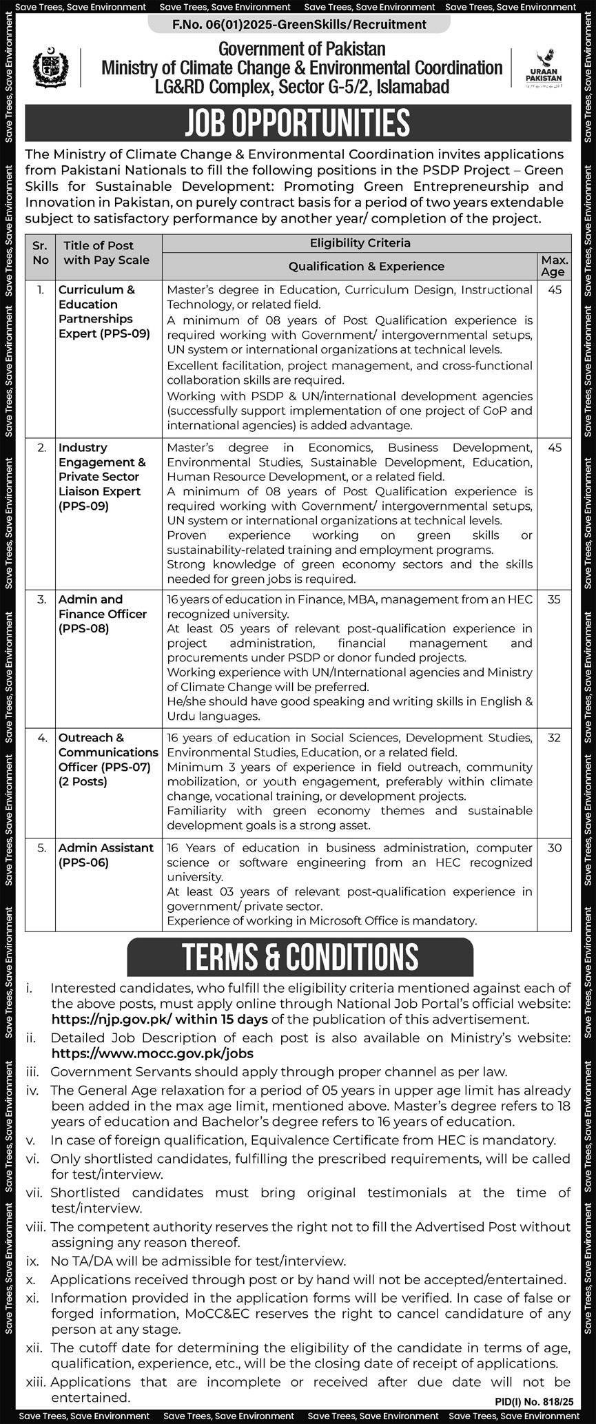 Ministry of Climate Change & Environmental Coordination Jobs 2025