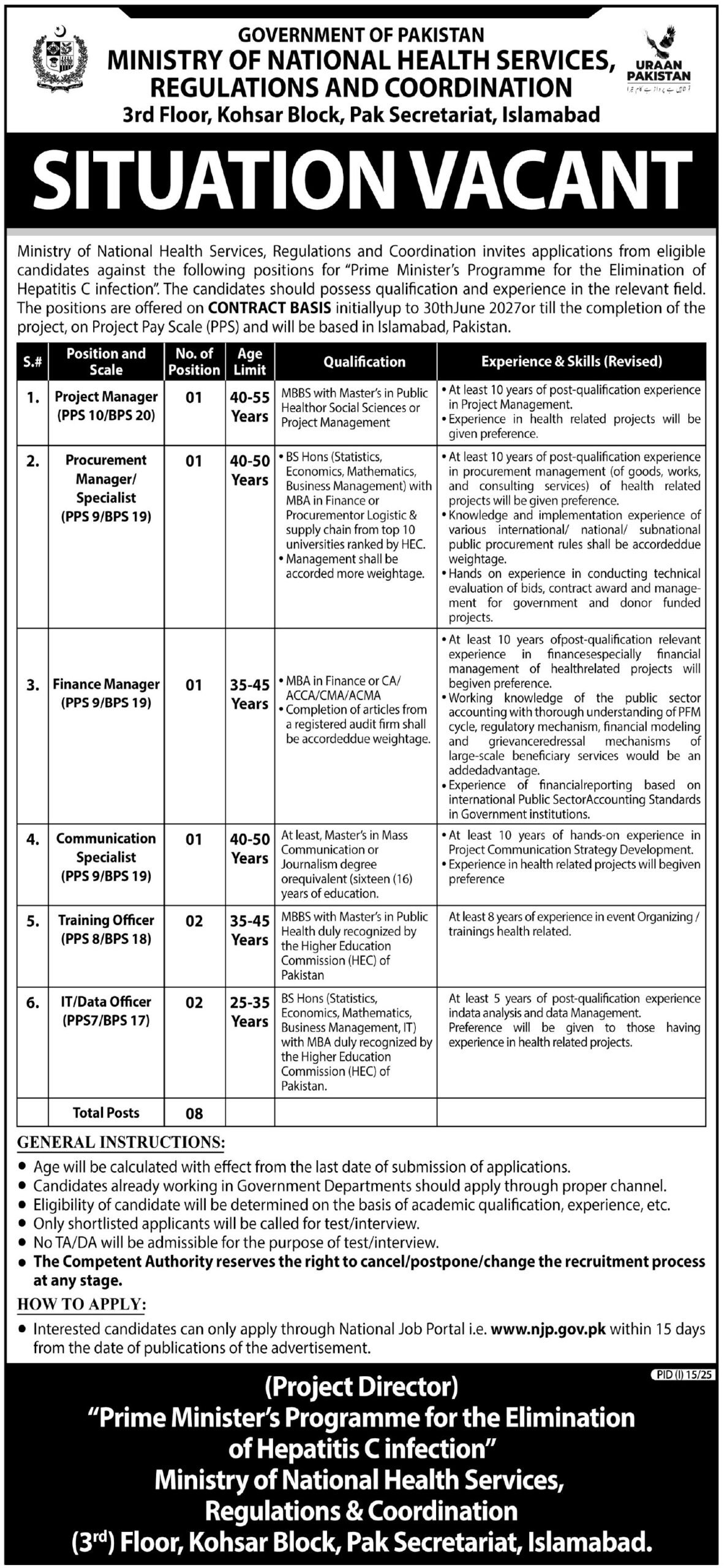 Ministry of National Health Services Islamabad Jobs 2025