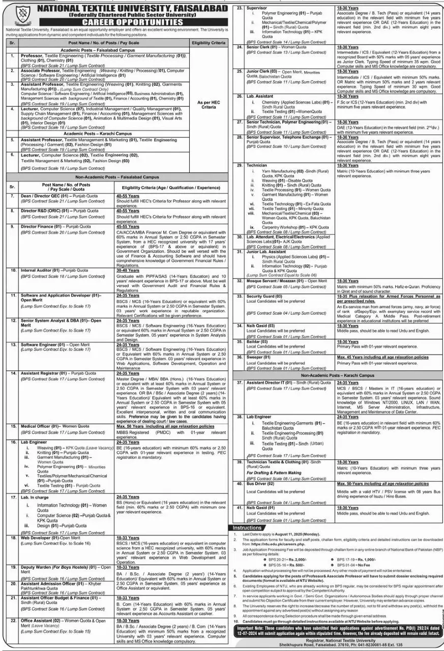 National Textile University NTU Faisalabad Jobs 2025