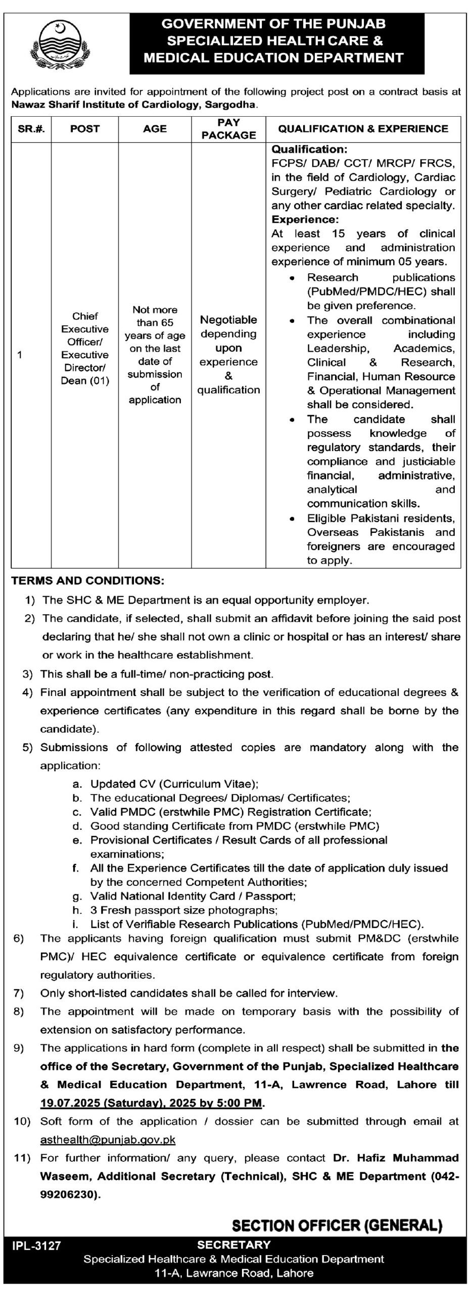 Nawaz Sharif Institute of Cardiology Sargodha Jobs 